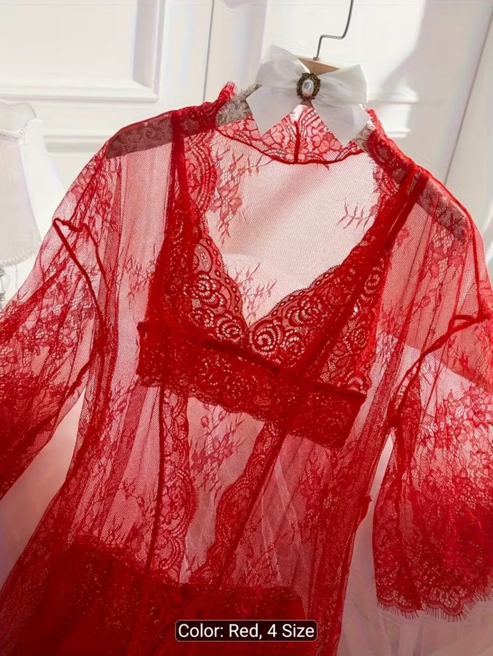 Sheer Lace Robe & Bralette Set - Red